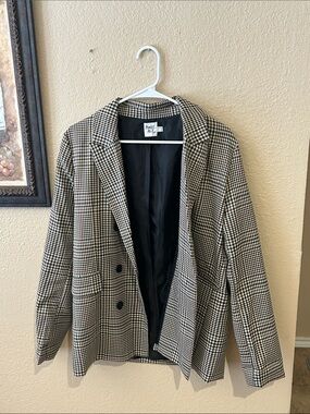 Princess Polly Plaid Blazer Jacket Black Tan Check Oversized Size 12